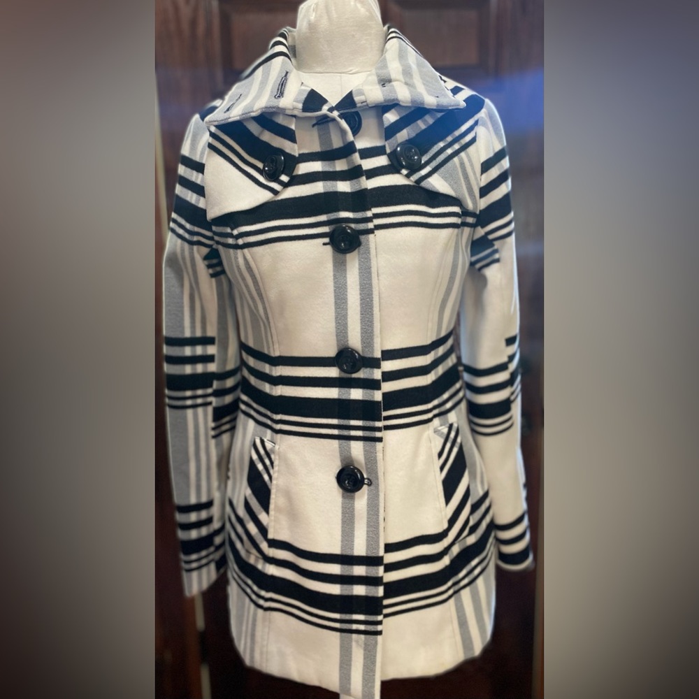 IZ Byer Black and White Plaid Long Pea Coat